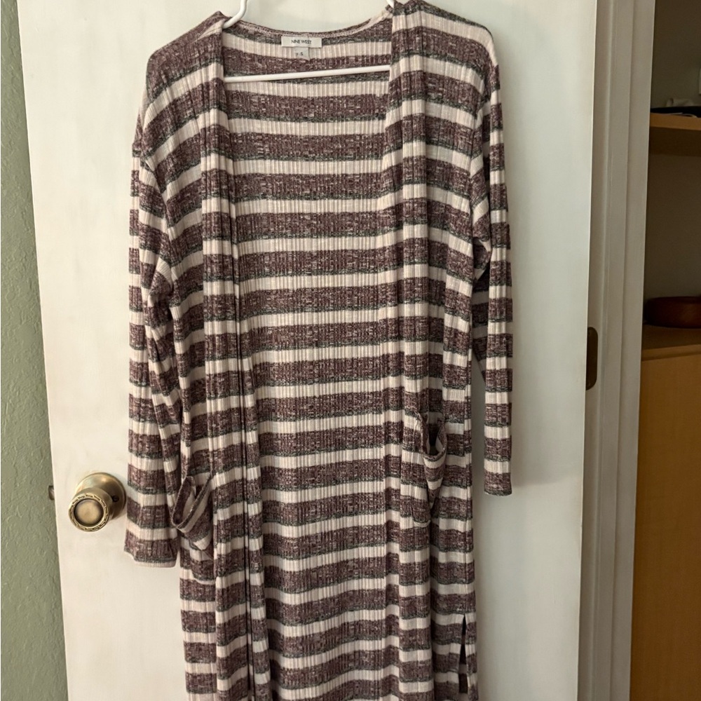 Nine West grey and Cream Striped Cardigan Sweater